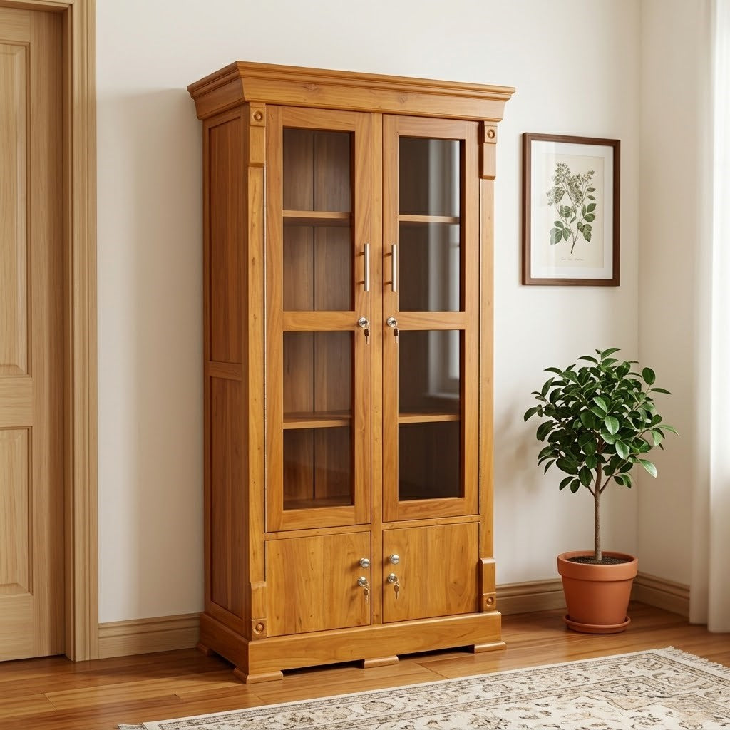 Wooden Double Door Wardrobe Almirah with Hanging Space & Shelves | Premium Bedroom Storage Cabinet