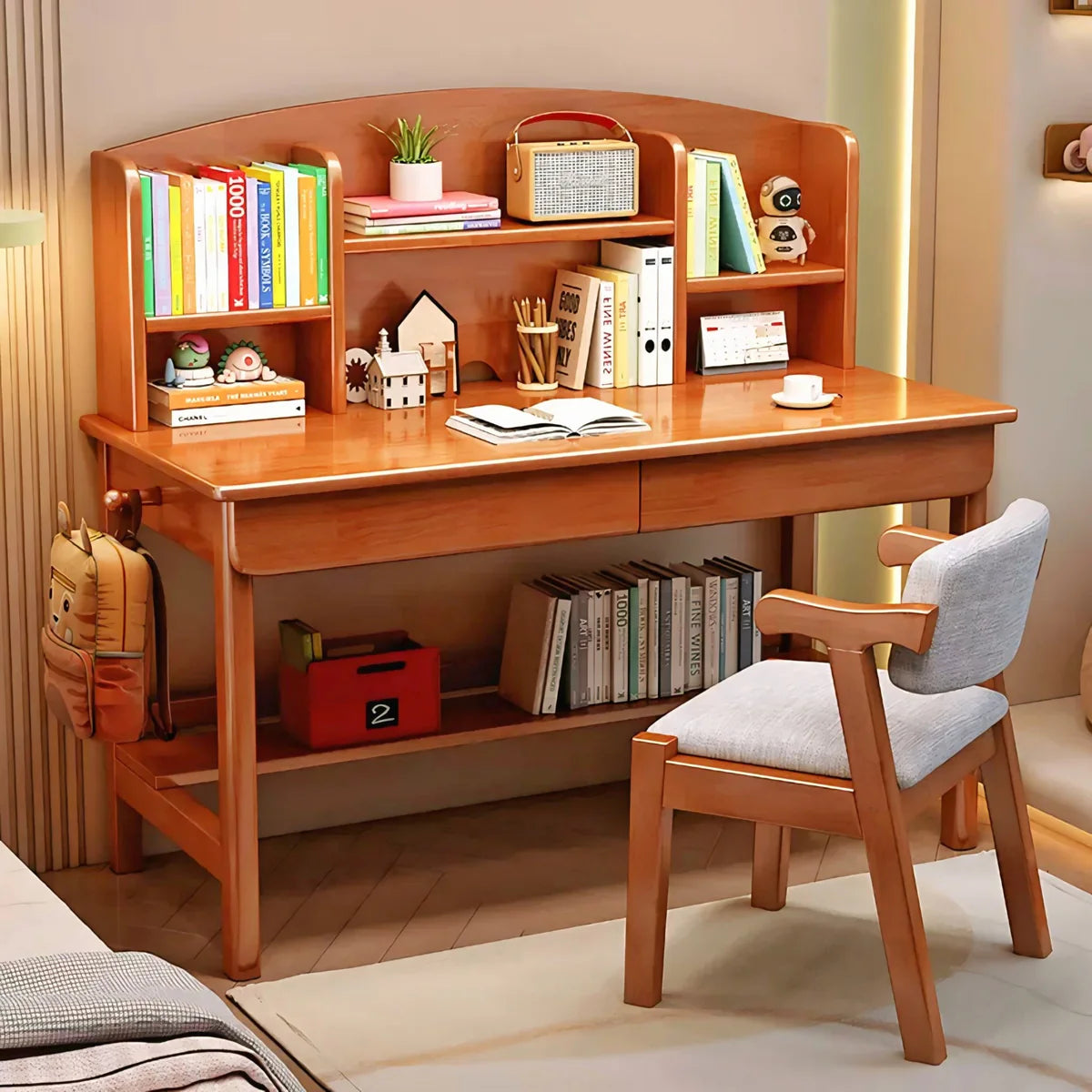 Mahogany Study Table with Curved Bookshelf