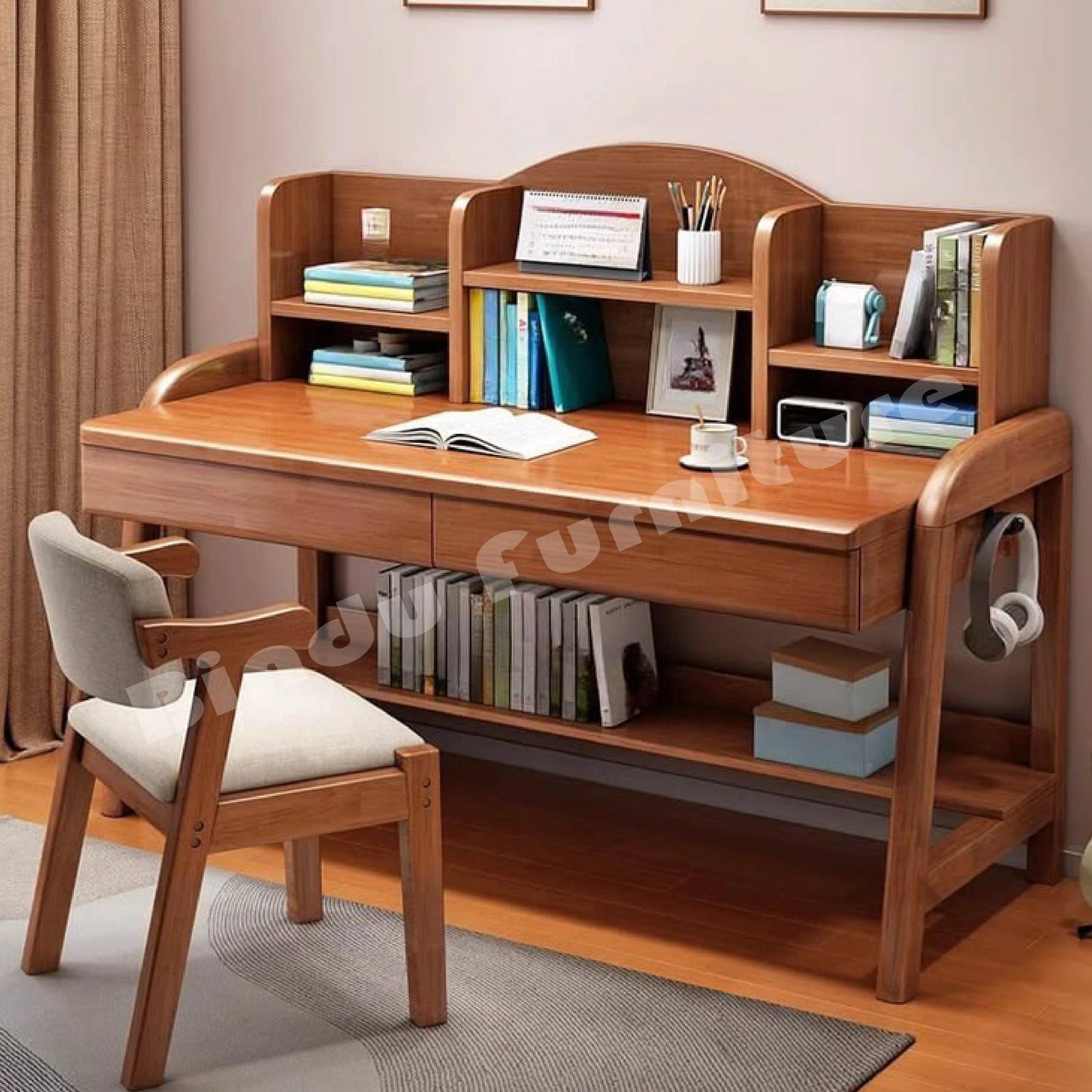 Mahogany Study Table with Curved Bookshelf