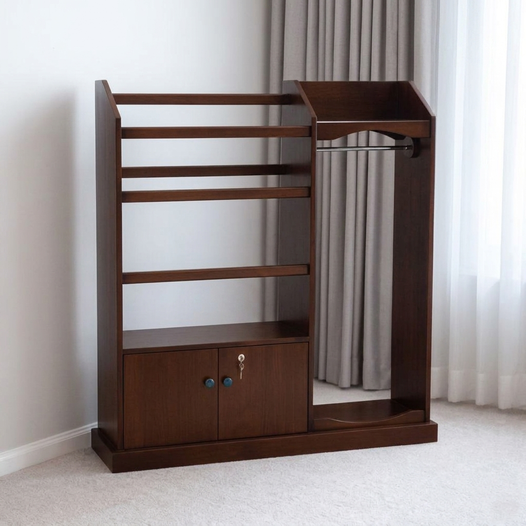Wooden Alna Wardrobe Stand with Shelves & Hanging Rod | Multi-Functional Clothes Organizer