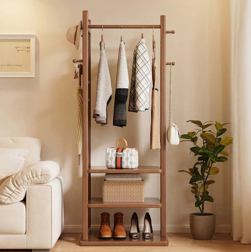 Solid Wooden Clothes Stand | with 3 Storage Shelf and 6 Hook