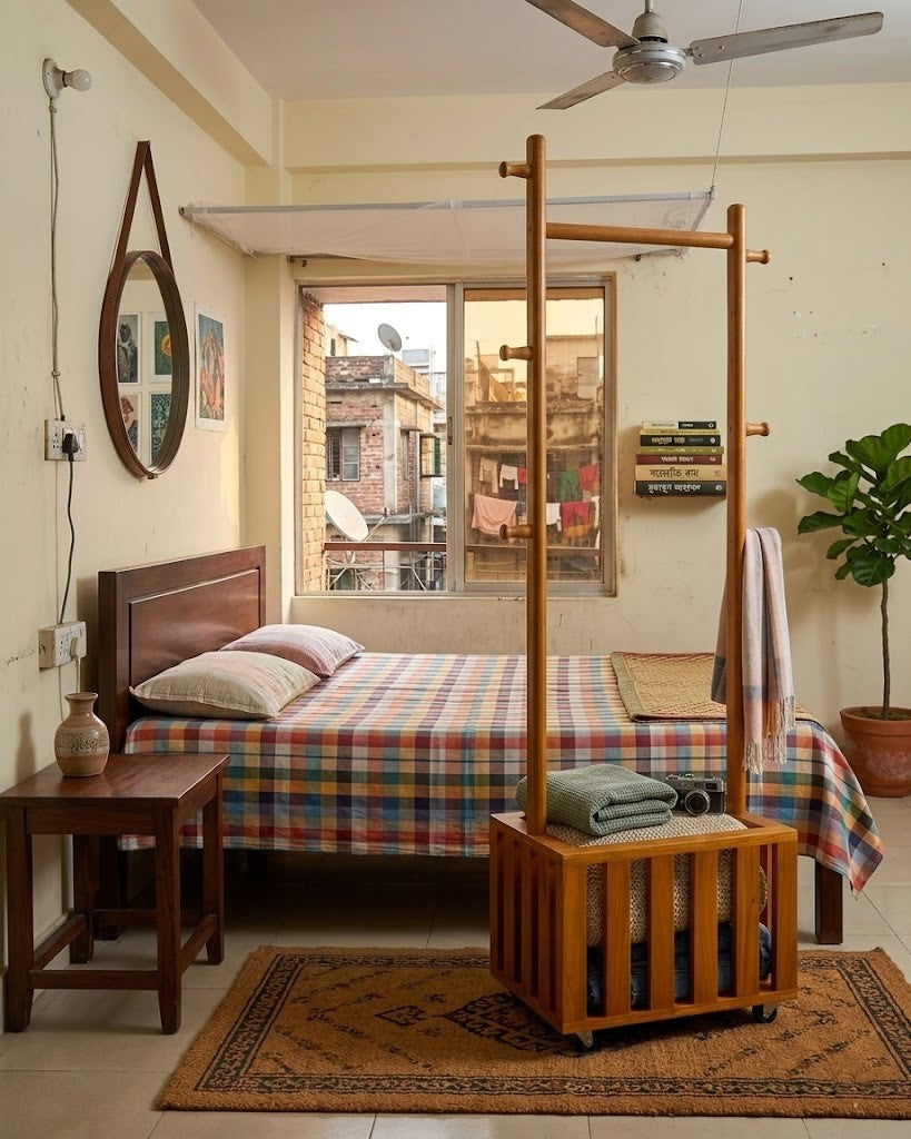 Wooden 360° Rotating Alna Stand with Wheels & Hanging Rod | Multi Functional Clothes Organizer