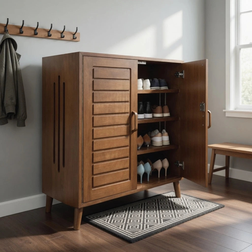 Wooden Shoe Rack Cabinet with Door & Shelves | Modern Bedroom Shoe Storage Organizer