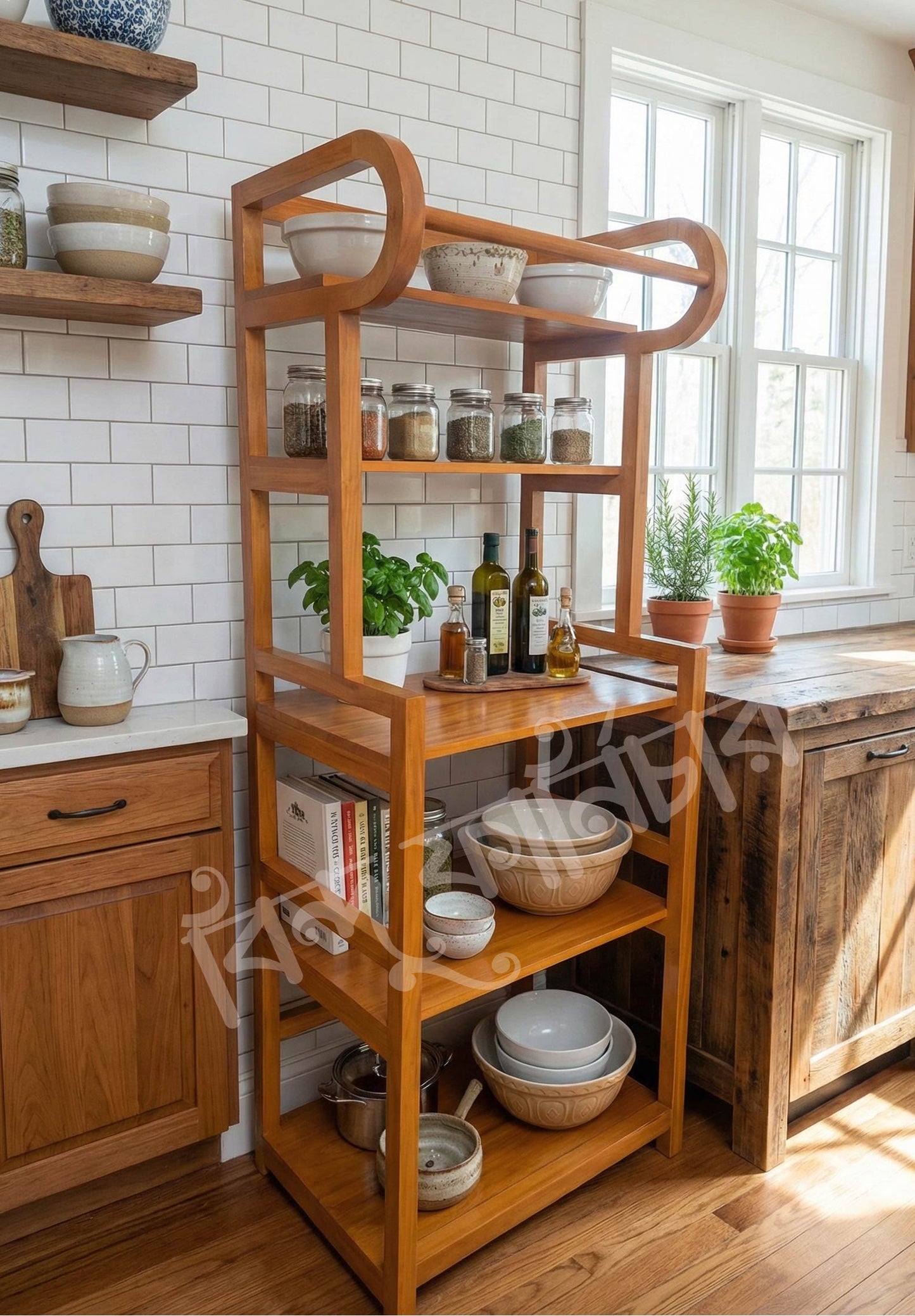 Modern Mahogany Wood Multi-Tier Display Rack with Hanging Ba