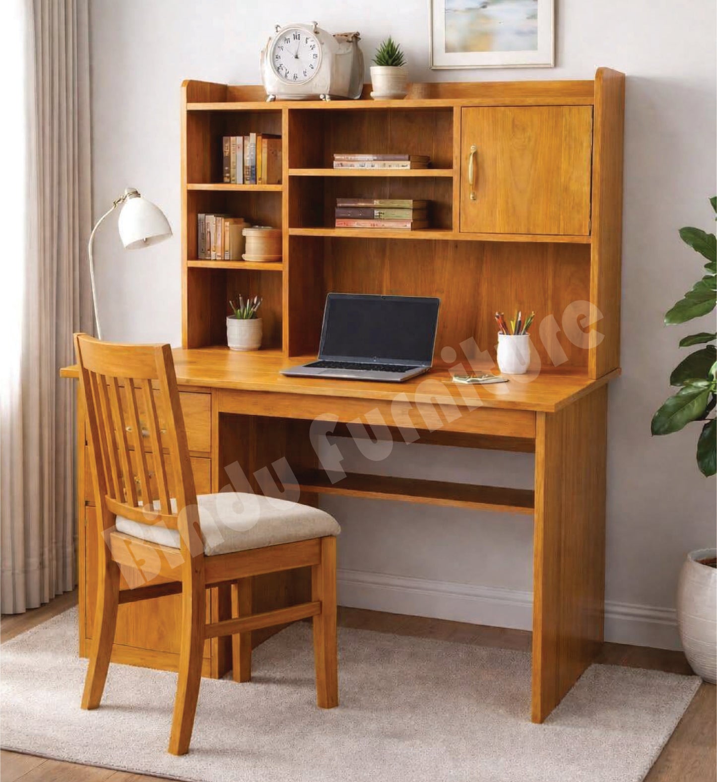 Mahogany Study Table with Curved Bookshelf