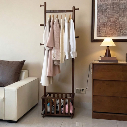 Wooden 360° Rotating Alna Stand with Wheels & Hanging Rod | Multi Functional Clothes Organizer