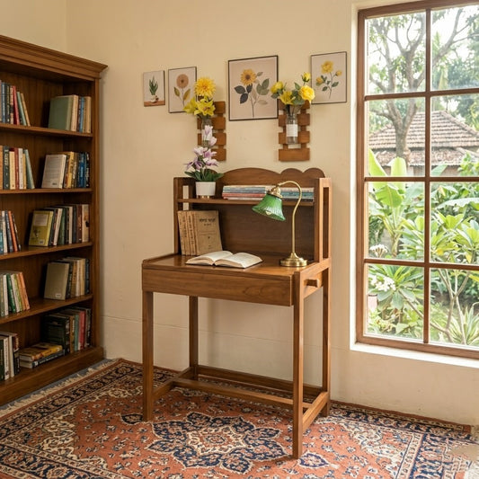 Wooden Study Table with Drawer & Top Shelf | Compact Reading Desk for Home