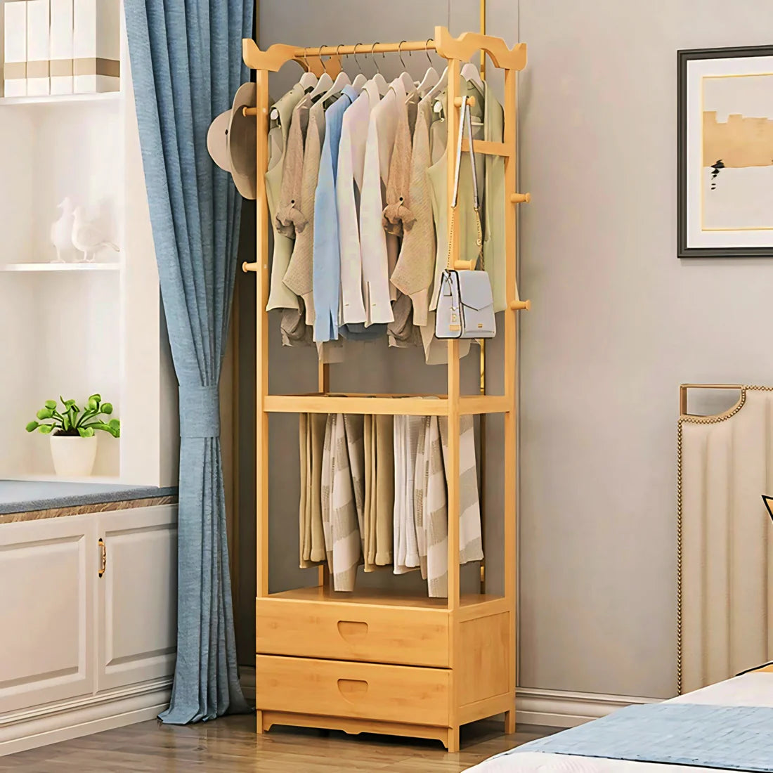 Wooden Multi Layer Alna Witn 8 Side Hook And 2 Drawers For Bedroom