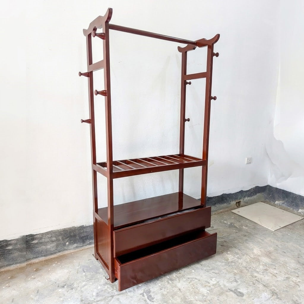 Premium Mahogany Wood Clothes Rack with 3 Drawers & Storage Shelf | Modern Alna Wardrobe Organizer
