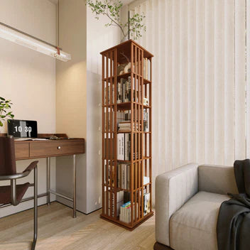 Luxury 360° Rotating Wooden Bookshelf with Hidden Storage Cabinets | Modern Space-Saving Display Rack