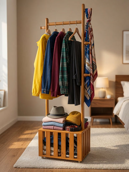 Wooden 360° Rotating Alna Stand with Wheels & Hanging Rod | Multi Functional Clothes Organizer