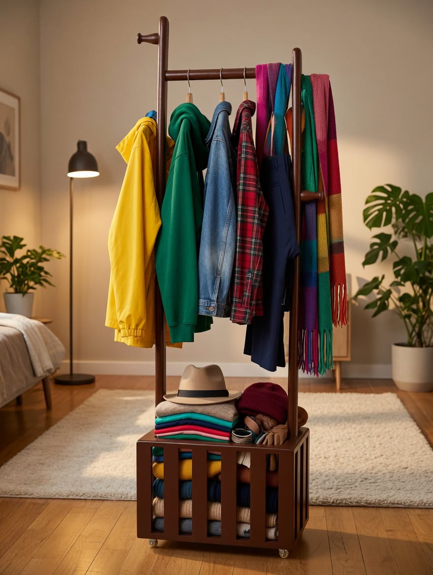 Wooden 360° Rotating Alna Stand with Wheels & Hanging Rod | Multi Functional Clothes Organizer