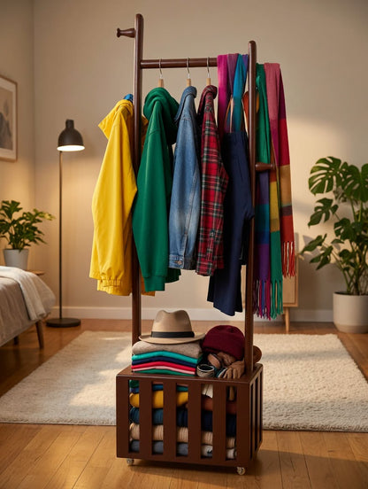 Wooden 360° Rotating Alna Stand with Wheels & Hanging Rod | Multi Functional Clothes Organizer