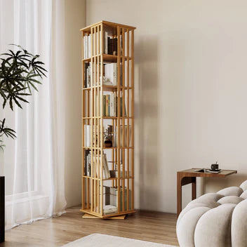 Luxury 360° Rotating Wooden Bookshelf with Hidden Storage Cabinets | Modern Space-Saving Display Rack