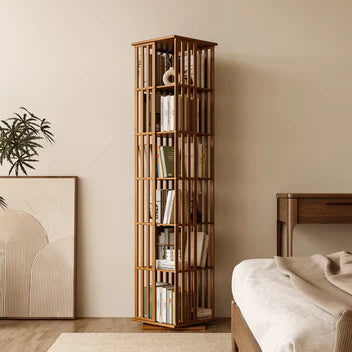 Luxury 360° Rotating Wooden Bookshelf with Hidden Storage Cabinets | Modern Space-Saving Display Rack