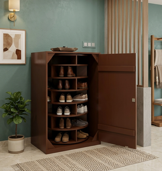 Wooden Rotating Shoe Rack Cabinet with Door | Space Saving Corner Shoe Organizer