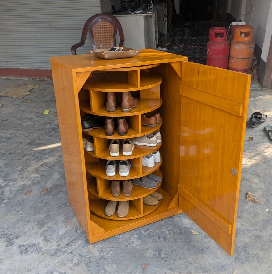Wooden Rotating Shoe Rack Cabinet with Door | Space Saving Corner Shoe Organizer