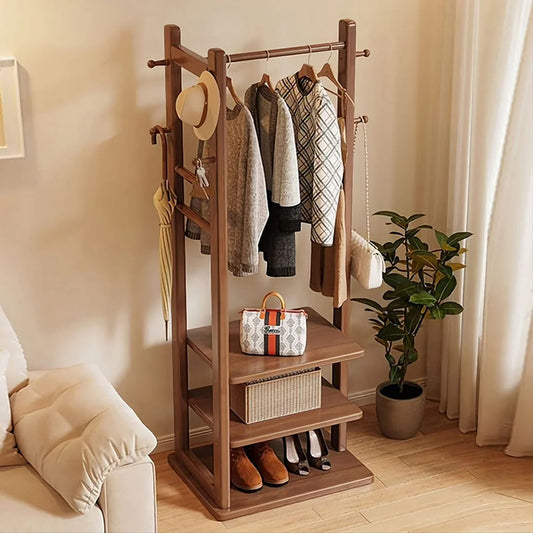 Solid Wooden Clothes Stand | with 3 Storage Shelf and 6 Hook