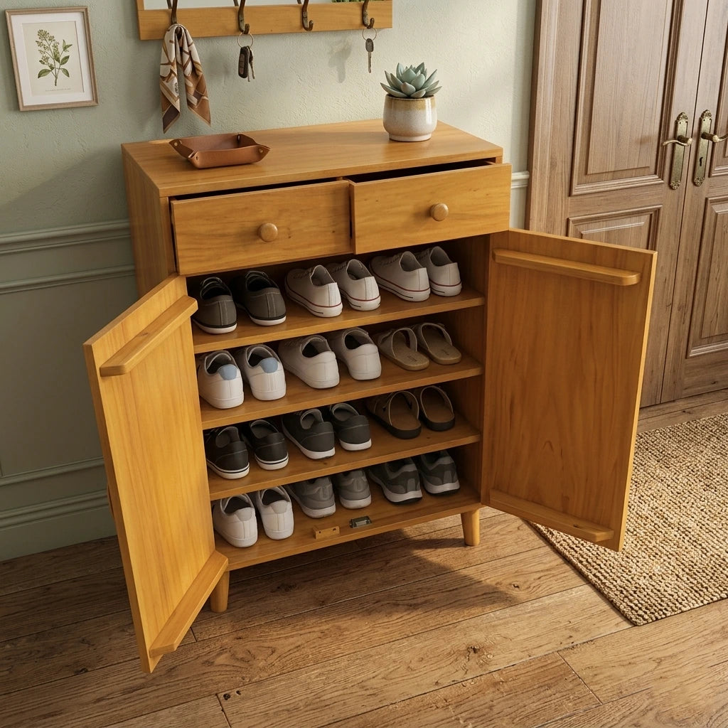 Luxury Multi-Tier Wooden Shoe Cabinet | Drawer + Door Storage Solution