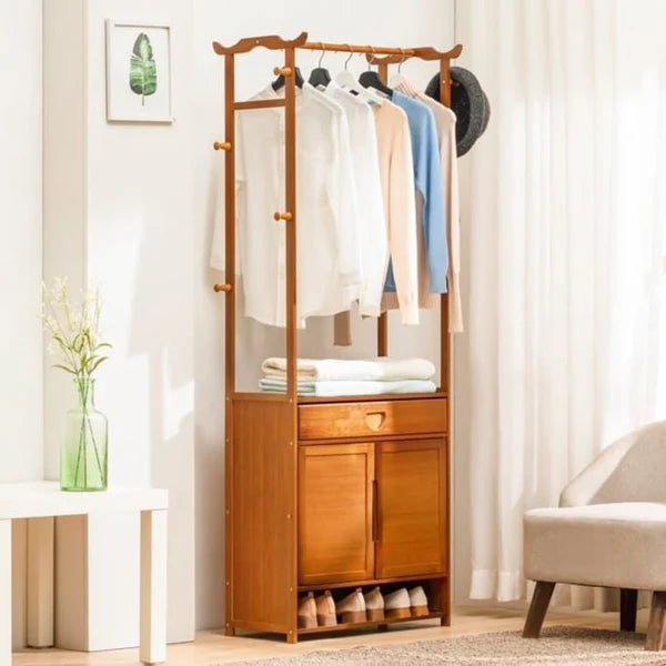 Solid Wooden Wardrobe Stand with Storage Door and Rack