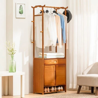Solid Wooden Wardrobe Stand with Storage Door and Rack