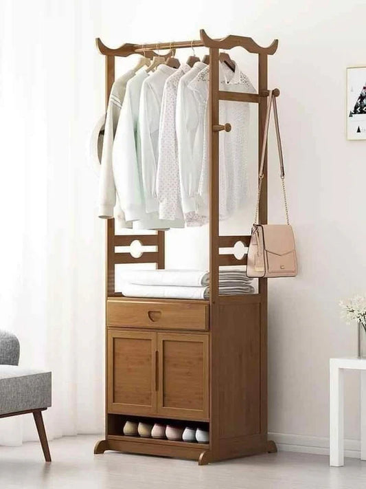 Solid Wooden Wardrobe Stand with Storage Door and Rack