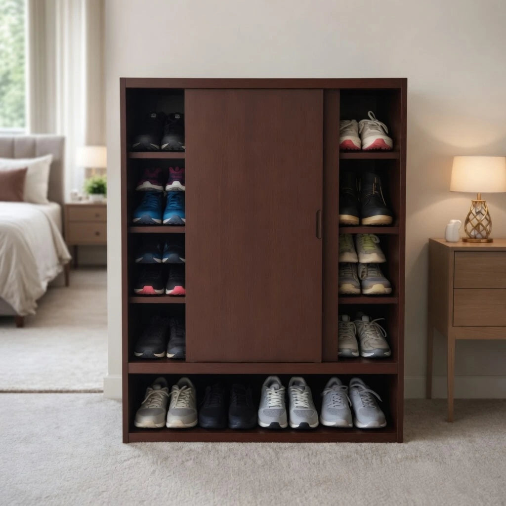Premium Sliding Door Wooden Shoe Cabinet | Modern Space Saving Organizer