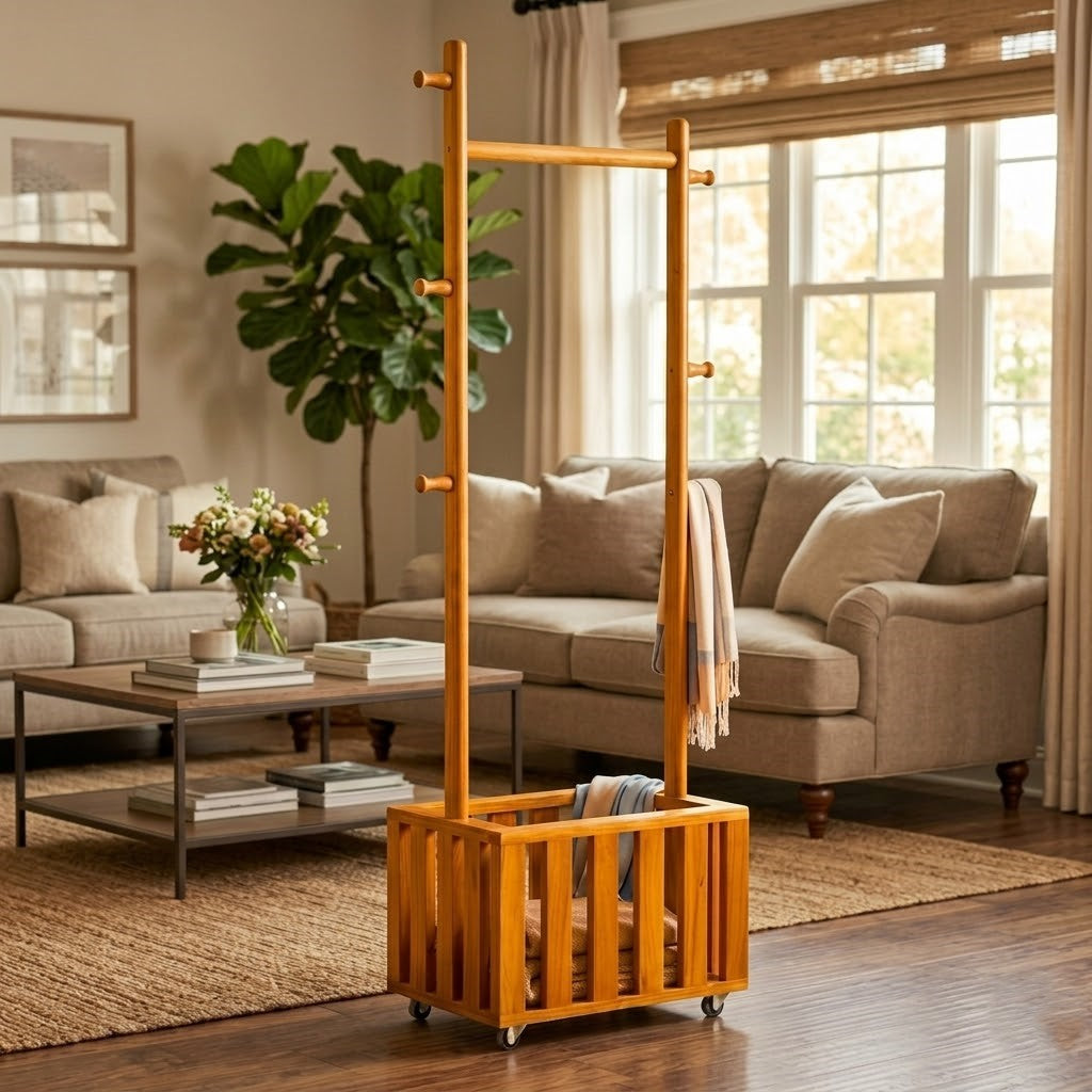 Wooden 360° Rotating Alna Stand with Wheels & Hanging Rod | Multi Functional Clothes Organizer