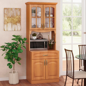 Wooden Kitchen Cabinet with Glass Door & Microwave Space | Multi-Storage Crockery Uni