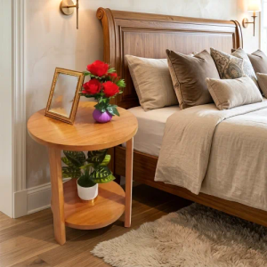 Round Wooden Tea Table with 3 Legs & Bottom Shelf | Compact Side Table for Bedroom & Living Room