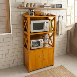 Wooden Multi-Tier Kitchen Rack with Cabinet | Microwave & Oven Storage Organizer