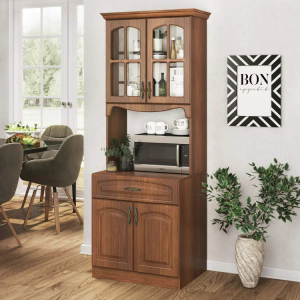 Wooden Kitchen Cabinet with Glass Door & Microwave Space | Multi-Storage Crockery Uni